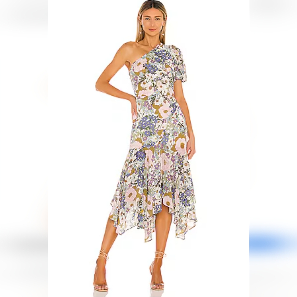 ASTR the LABEL Santorini Dress Off White Retro‎ Floral One Shoulder - Revolve
